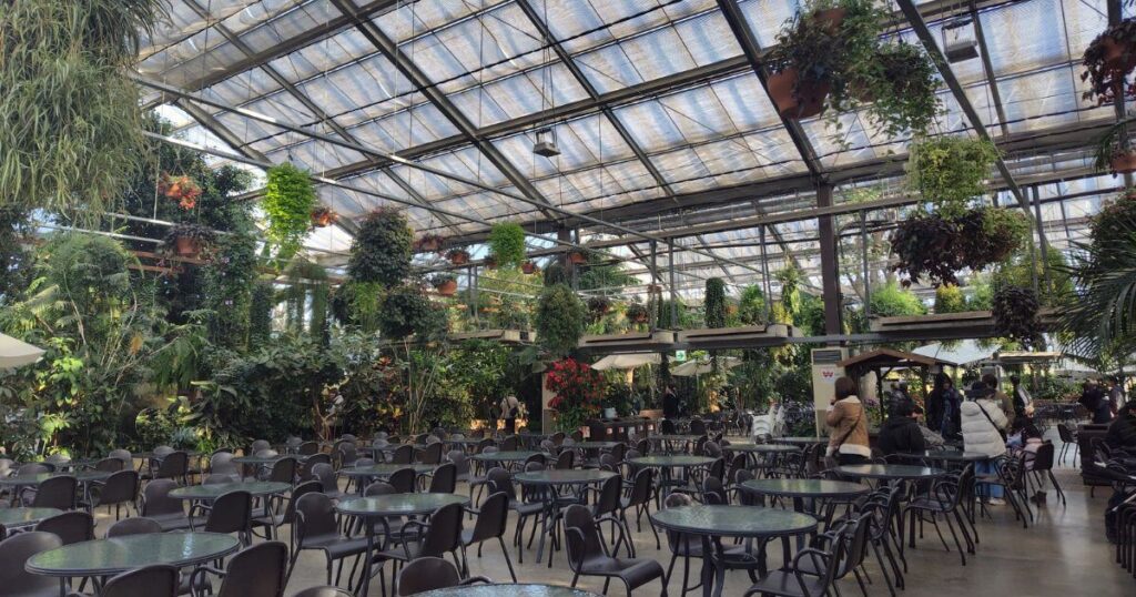 ハンギングに囲まれた休憩スペース